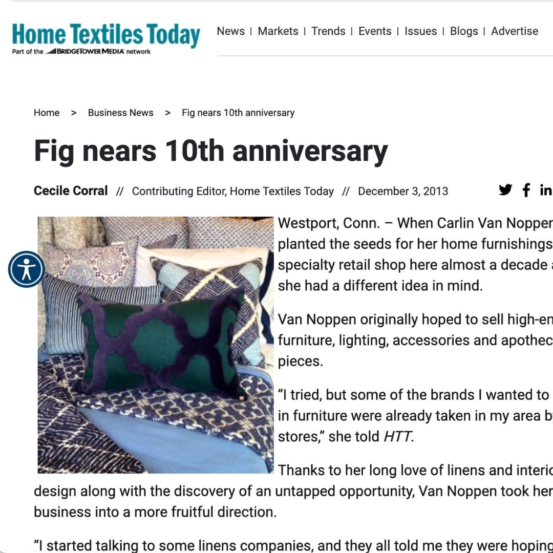 Home Textiles Today - Fig Linens and Home Nears 10th Anniversary - Fig Linens Press and Media Page