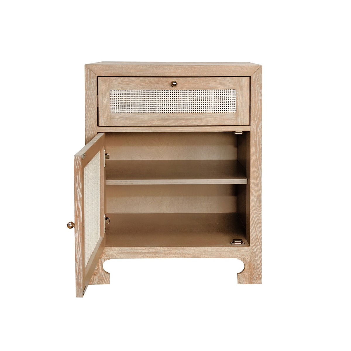 Ruth Cerused Oak One Door Cabinet with Cane Front by Worlds Away at Fig Linens and Home - Doors Open