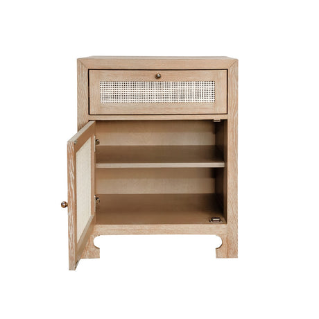 Ruth Cerused Oak One Door Cabinet with Cane Front by Worlds Away at Fig Linens and Home - Doors Open