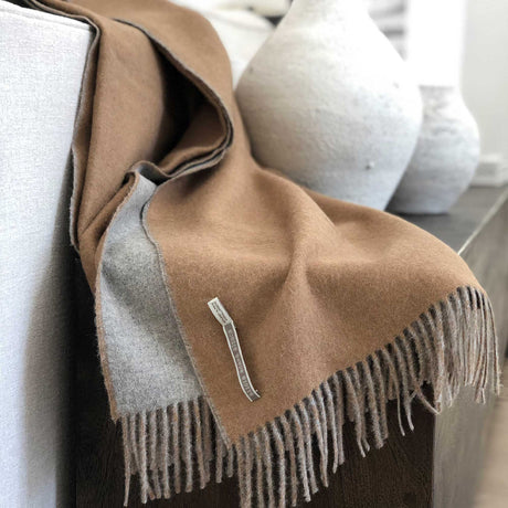 Alicia Adams Alpaca Reversible Throw Camel and Light Grey - Lifestyle Image - Fig Linens and Home