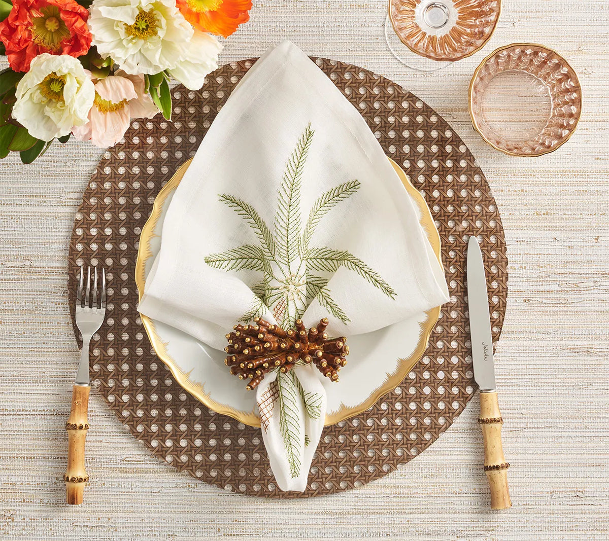 Royal Palm Napkin Ring in Brown & Gold Set of 4 by Kim Seybert at Fig Linens and Home - Lifestyle 1