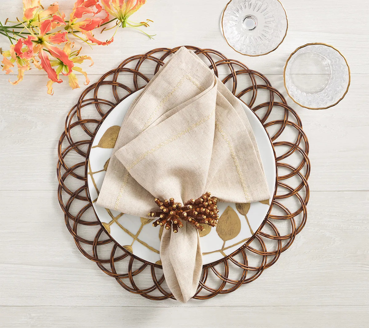 Royal Palm Napkin Ring in Brown & Gold Set of 4 by Kim Seybert at Fig Linens and Home - Lifestyle 3