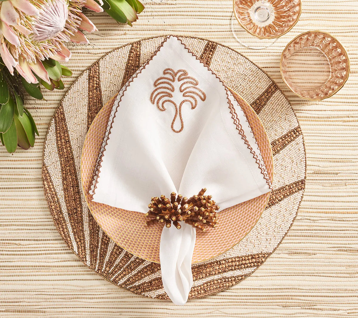 Royal Palm Napkin in White & Brown Set of 4 by Kim Seybert - Lifestyle View 1 at Fig Linens and Home