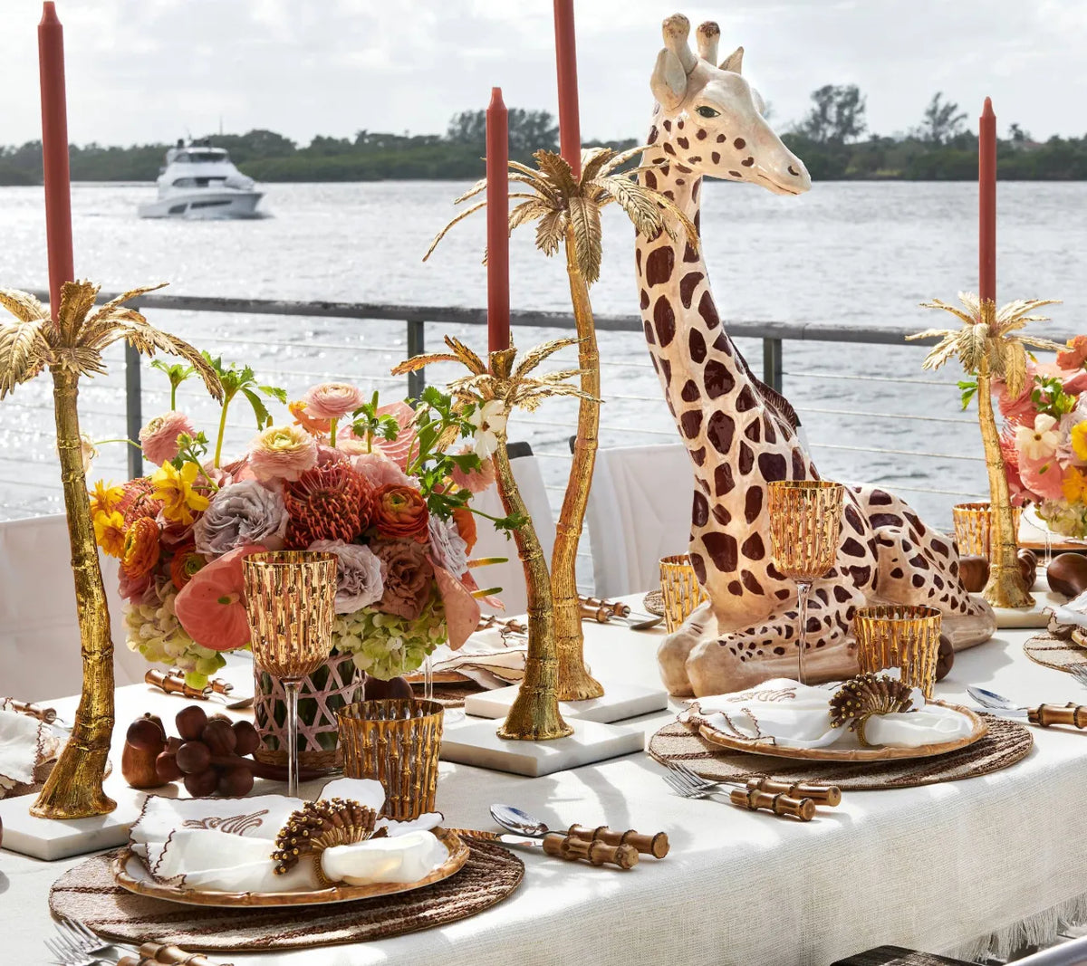 Royal Palm Napkin in White & Brown Set of 4 by Kim Seybert - Lifestyle View 2 at Fig Linens and Home