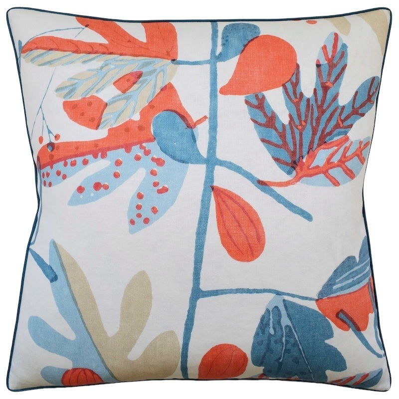 Matisse Leaf French Blue and Coral Decorative Pillow Ryan Studio at Fig Linens and Home - Thibaut Fabric