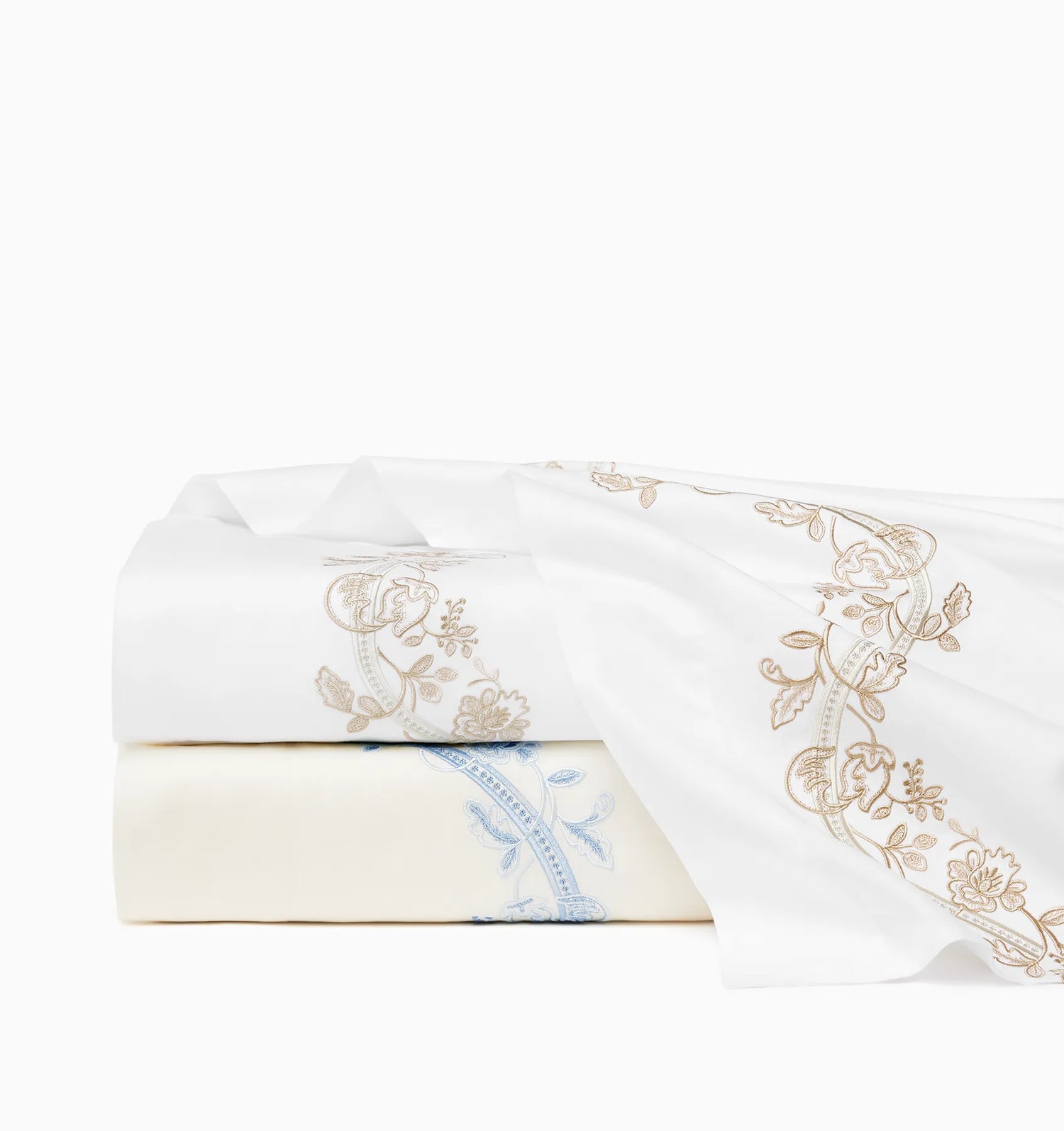 Isabella Embroidered Flat Sheet by Sferra x Scalamandre in Ivory/Sea at Fig Linens and Home - 1