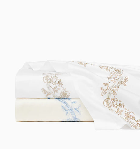 Isabella Embroidered Flat Sheet by Sferra x Scalamandre in Ivory/Sea at Fig Linens and Home - 1