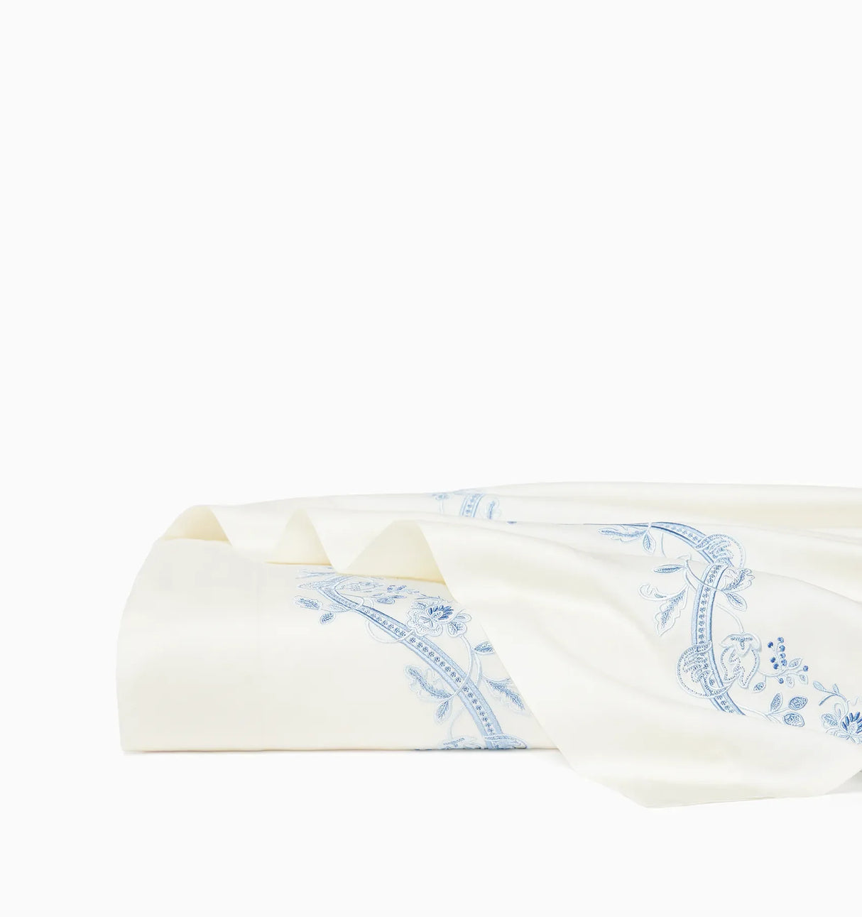 Isabella Embroidered Flat Sheet by Sferra x Scalamandre in Ivory/Sea at Fig Linens and Home - 4