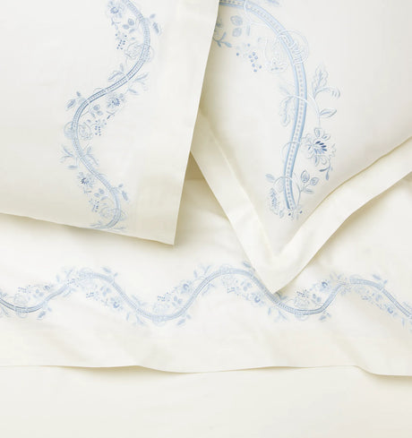 Isabella Embroidered Flat Sheet by Sferra x Scalamandre in Ivory/Sea at Fig Linens and Home - 2