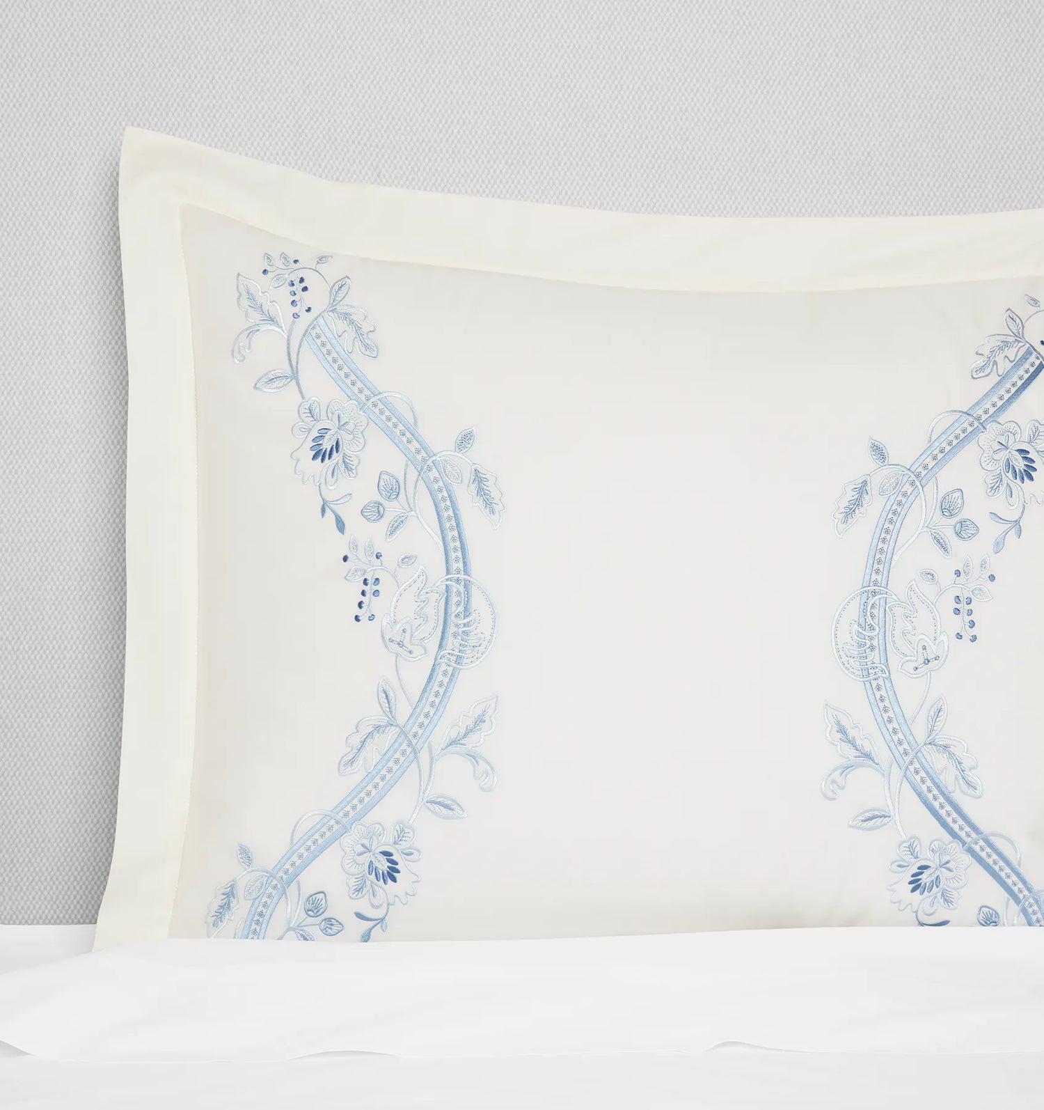 Isabella Embroidered Sham by Sferra x Scalamandre in Ivory/Sea at Fig Linens and Home - 2