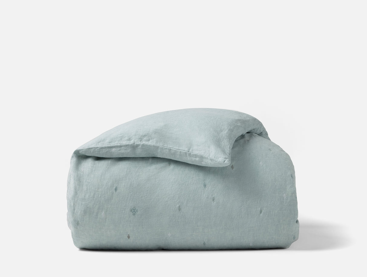 Duvet Cover - Coyuchi Cambria Embroidered 100% Organic Linen Pacific Blue Chambray Bedding 