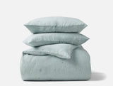 Duvet and Shams Stacked- Coyuchi Cambria Embroidered Organic Linen Pacific Blue Chambray Bedding
