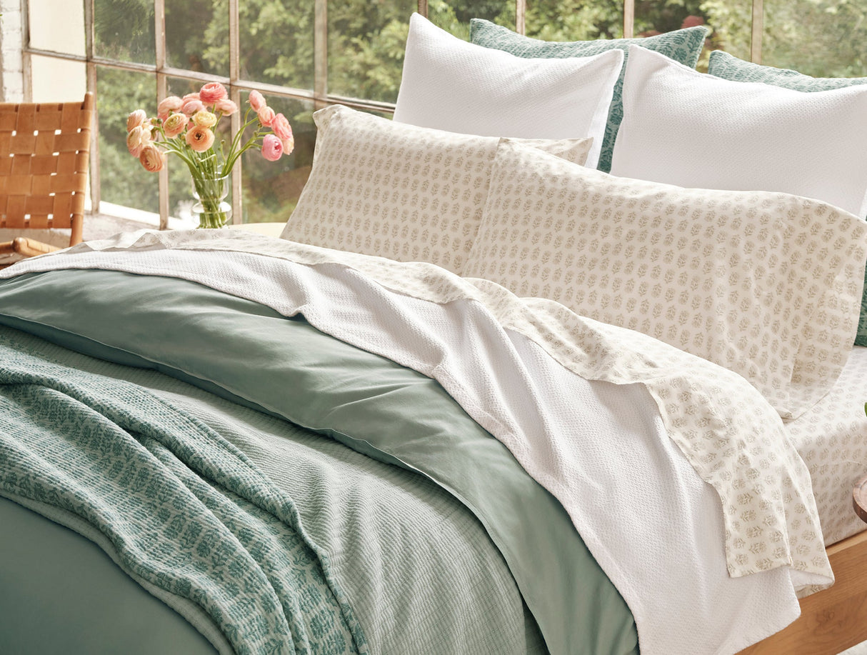 Coyuchi Print Percale Sheets - Seafoam Chrysanthemum Bed Sheets at Fig Linens and Home