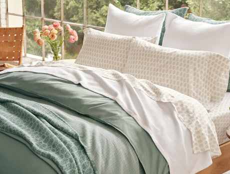 Coyuchi Print Percale Sheets - Seafoam Chrysanthemum Bed Sheets at Fig Linens and Home