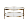Worlds Away Stacey two tier round glass coffee table in antique brass at Fig Linens and Home