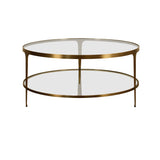Worlds Away Stacey two tier round glass coffee table in antique brass at Fig Linens and Home