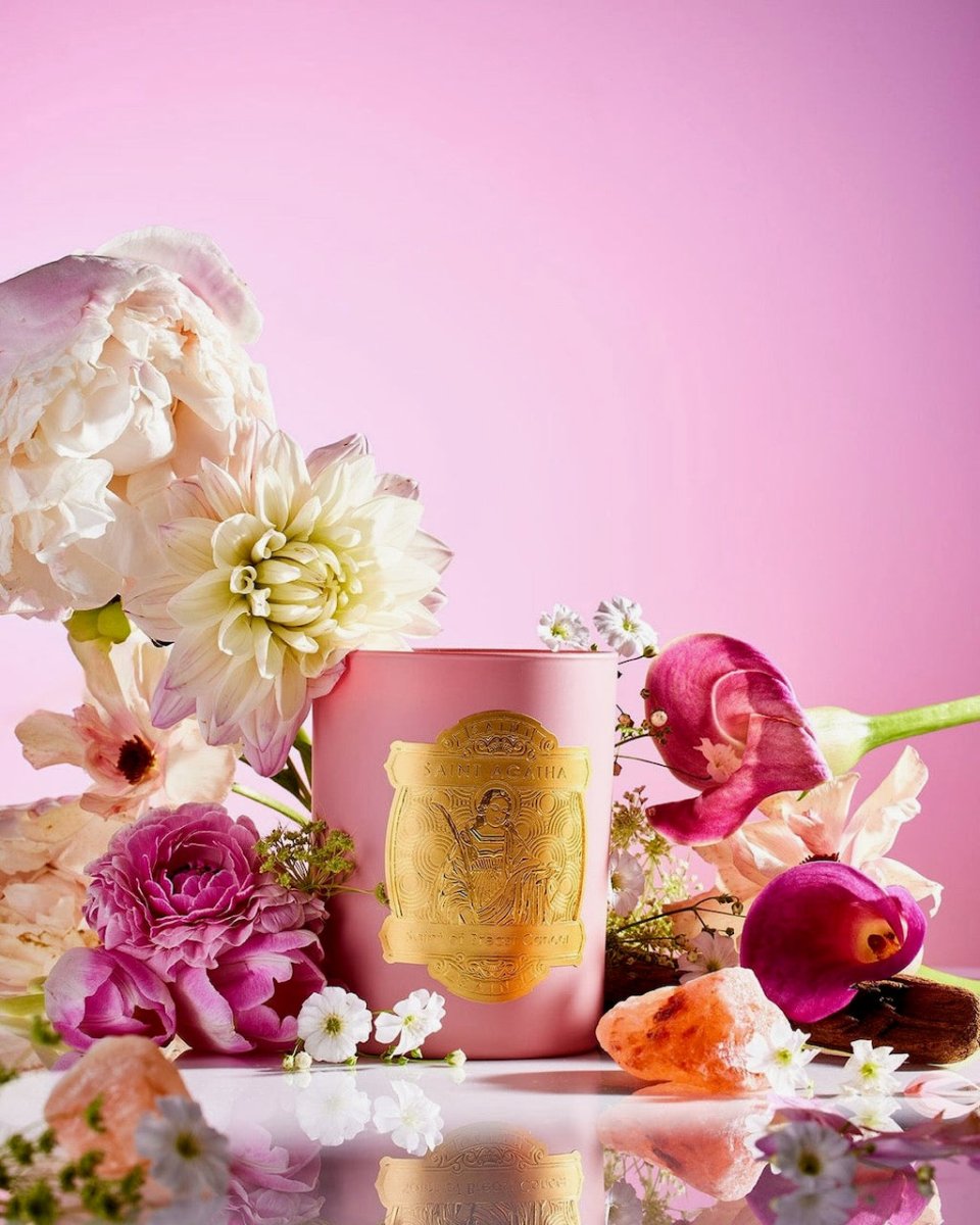 Saint Agatha Candle - Special Edition Breast Cancer Saint Candle with Flowers - Fig Linens and Home