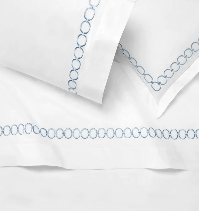 Stack of Bedding - Sferra Linens Catena Sea Blue Percale Bedding at Fig Linens and Home