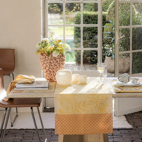 Jardin d'eden yellow table runner by le jacquard français - shown on table - fig linens and home