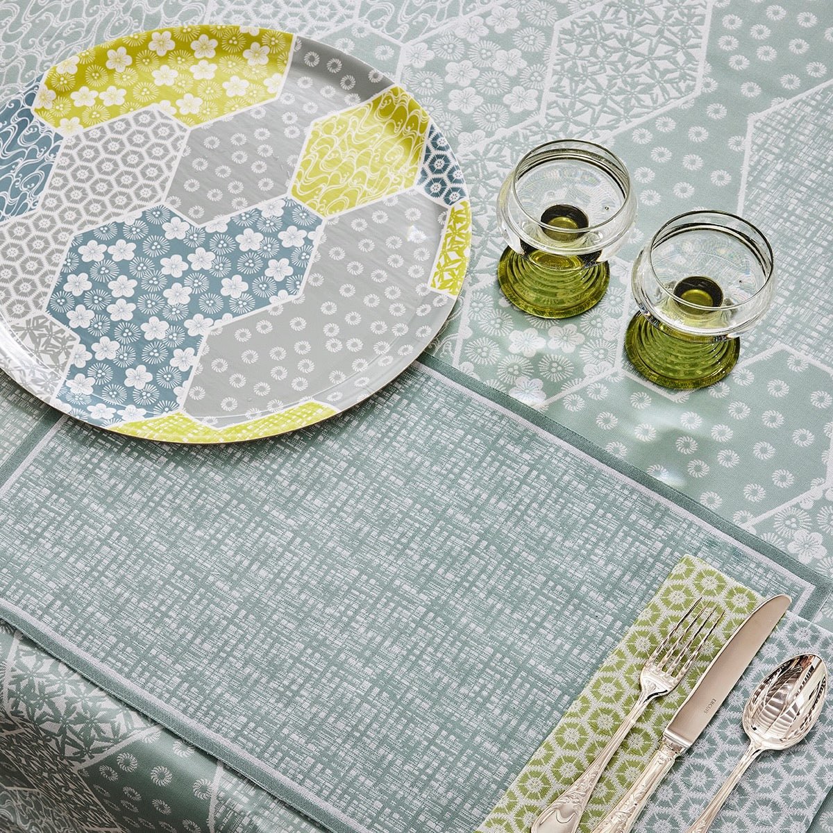 Wagara Green Round 15" Tray by Le Jacquard Français - 9at Fig Linens and Home - 1