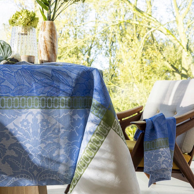 escapade tropicale blue tablecloth by le jacquard français
