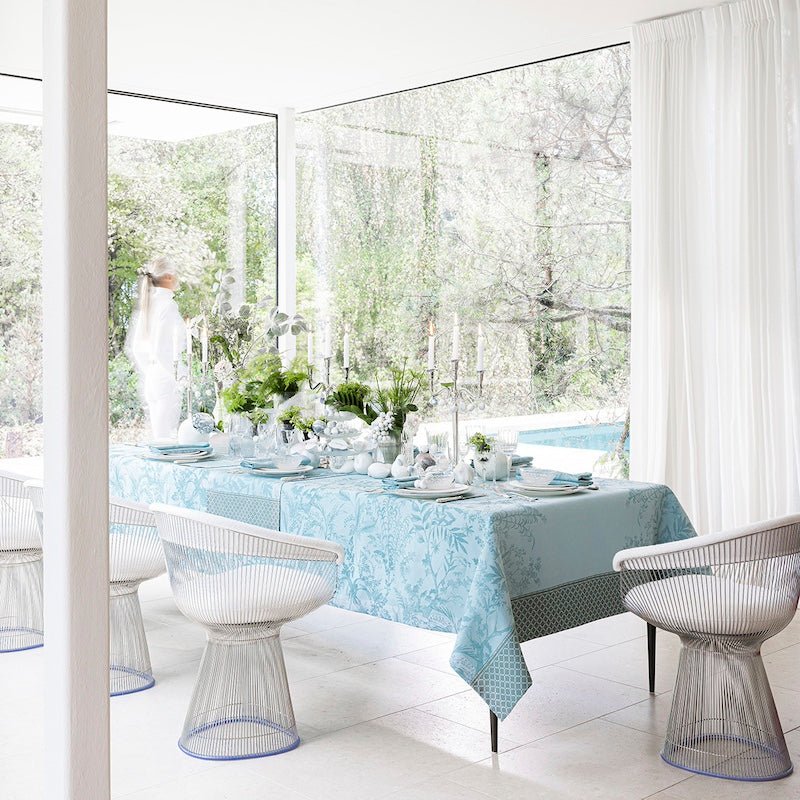 Jardin d&#39;eden blue tablecloth by le jacquard français | Table Linens at Fig Linens and Home
