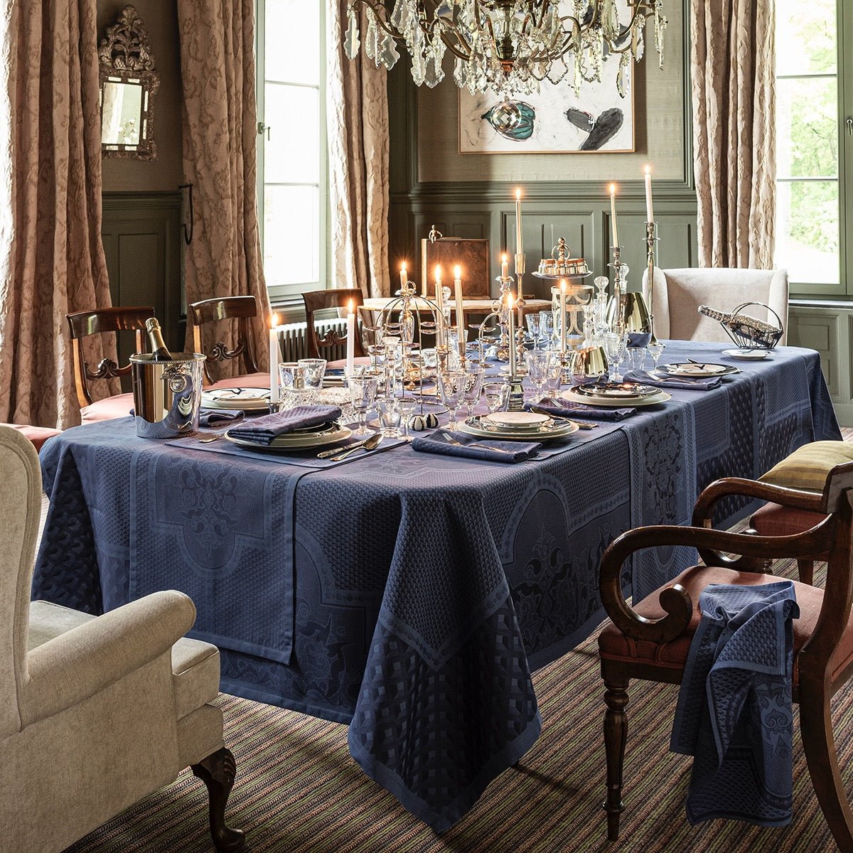 Palais Venitien Blue 69" x 69" Tablecloth by Le Jacquard Français - 9at Fig Linens and Home - 10