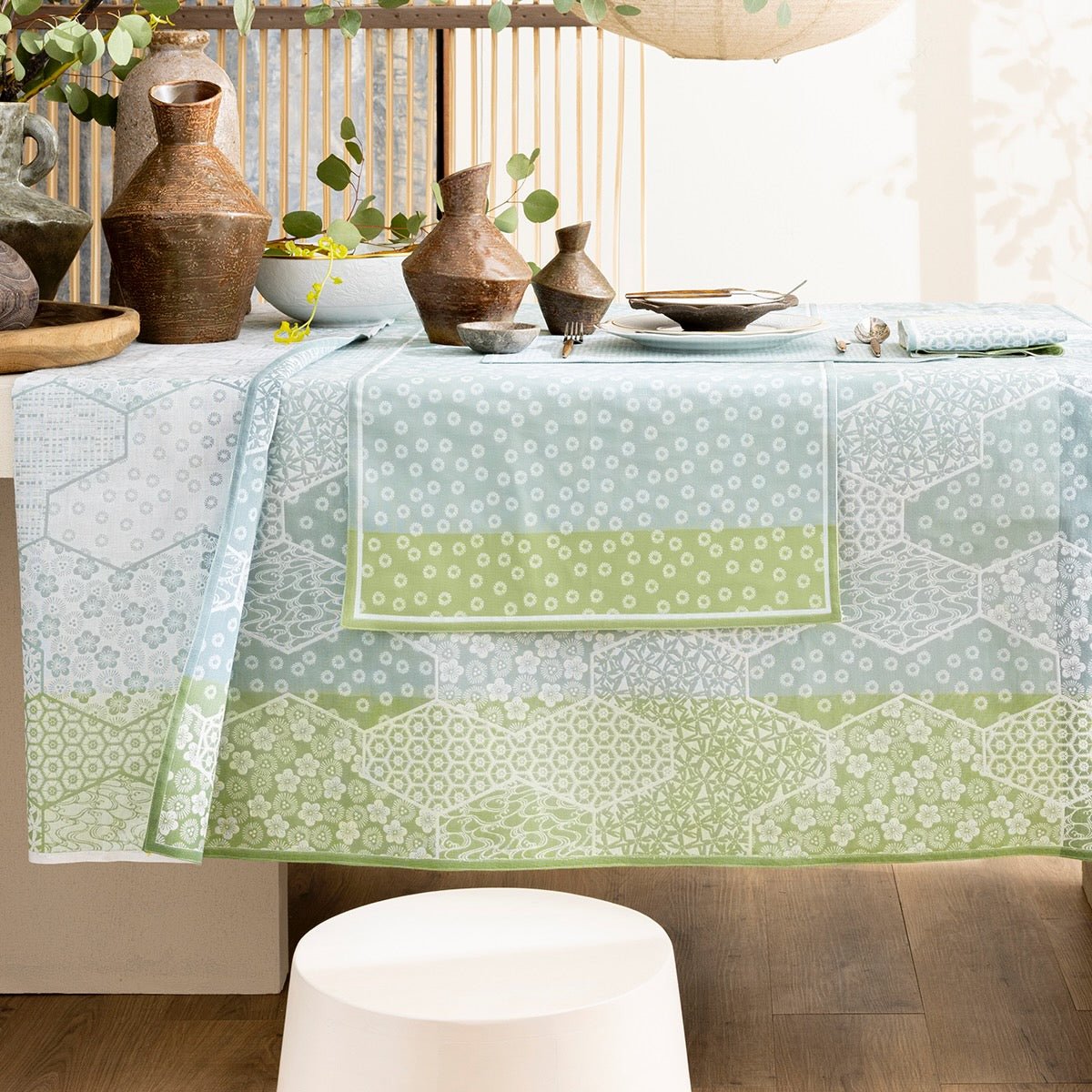 Wagara Green 69" x 69" Coated Tablecloth by Le Jacquard Français - 9at Fig Linens and Home - 5