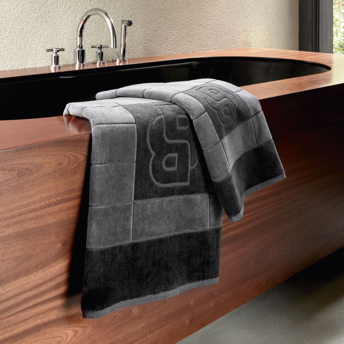 Yves Delorme Hugo Boss Double B Charcoal Bath Towels by Yves Delorme - Bath Sheet 35 x 59 Double B Charcoal at FIG LINENS AND HOME - 1