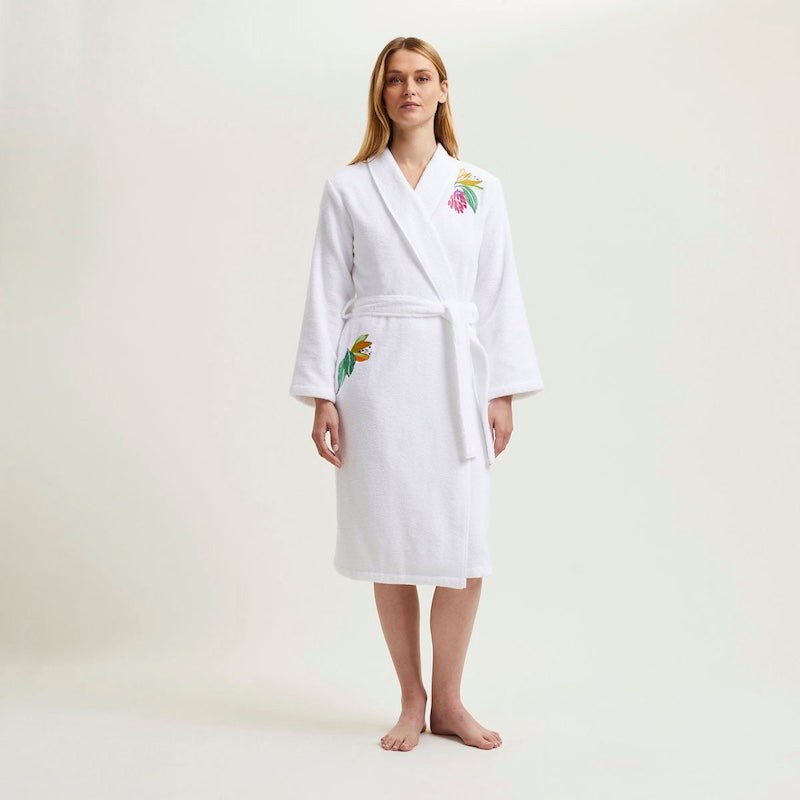 Yves Delorme Robe - Parfum Embroidery - Women's Shawl Collar Organic Cotton Bathrobe - Full front