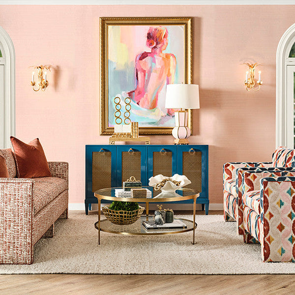 Worlds Away Stacey Antique Brass round coffee table at Fig Linens and Home - Lifestyle