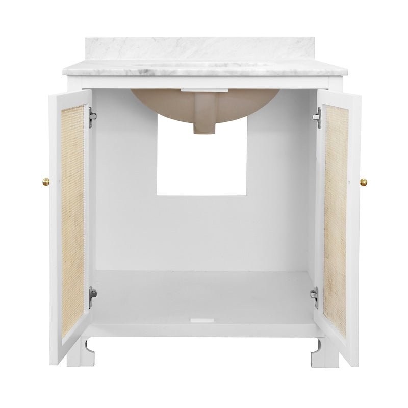 Bath Vanity Open Doors - Worlds Away Boyd White Cane Front Bathroom Vanities