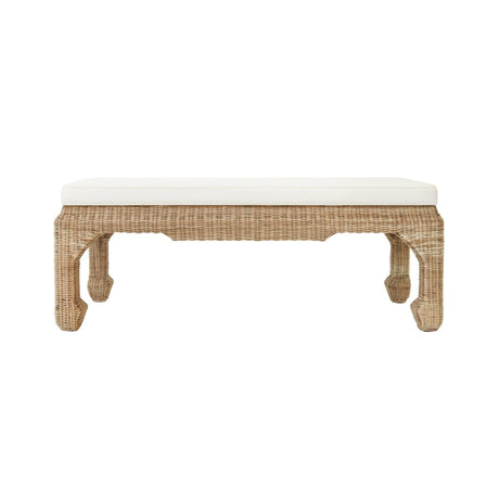 Rattan Bench Front View - Worlds Away Massey Bench with Ivory Linen Cushion at Fig Linens and Home