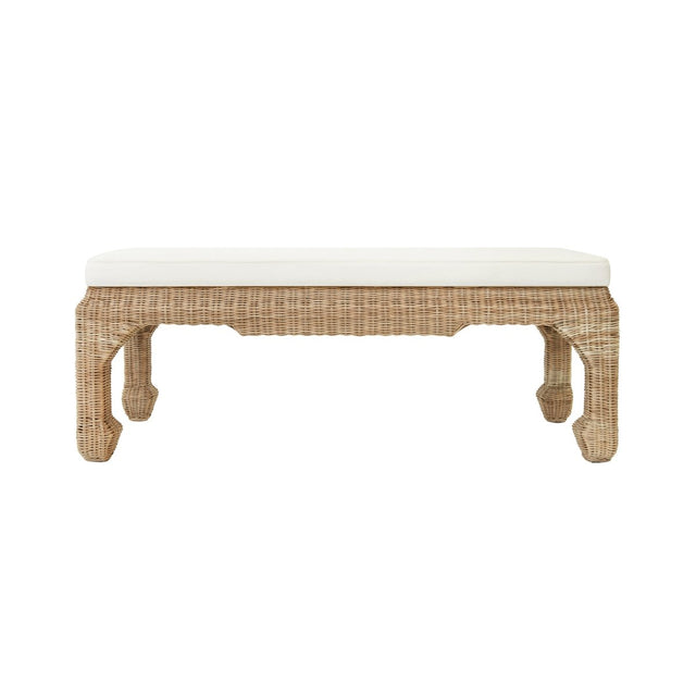 Rattan Bench Front View - Worlds Away Massey Bench with Ivory Linen Cushion at Fig Linens and Home