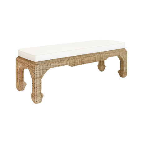 Rattan Bench Angle View - Worlds Away Massey Bench with Ivory Linen Cushion at Fig Linens and Home