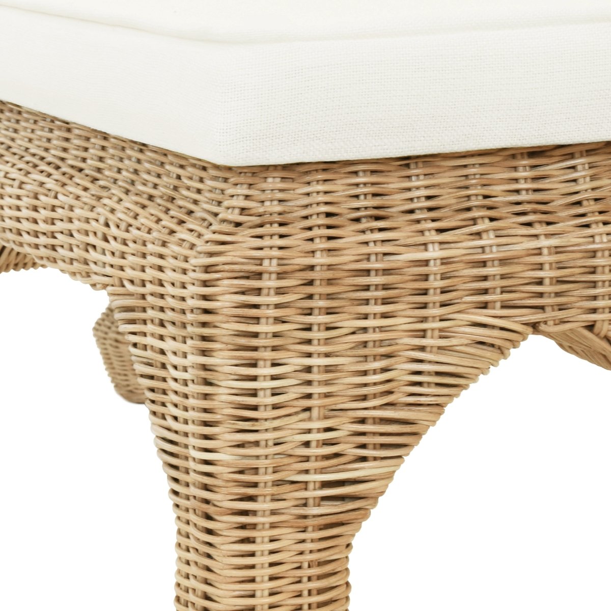 Rattan Bench Corner Detail View - Worlds Away Massey Bench with Ivory Linen Cushion 