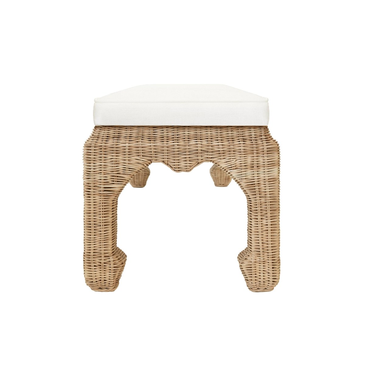 Rattan Bench Side View - Worlds Away Massey Bench with Ivory Linen Cushion at Fig Linens and Home