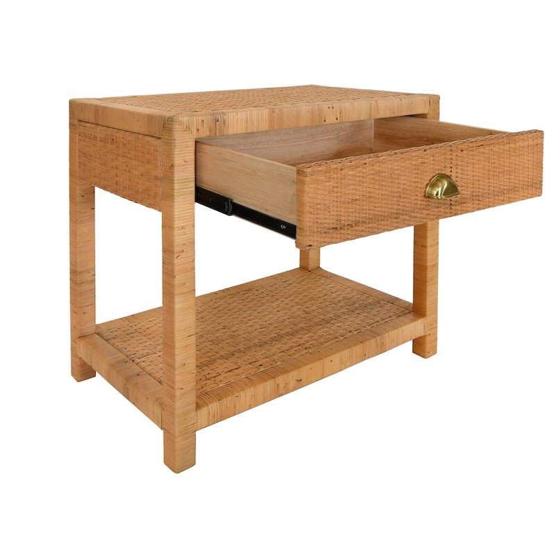 Worlds Away Reed Rattan End Table - Drawer Detail View - Fig Linens and Home