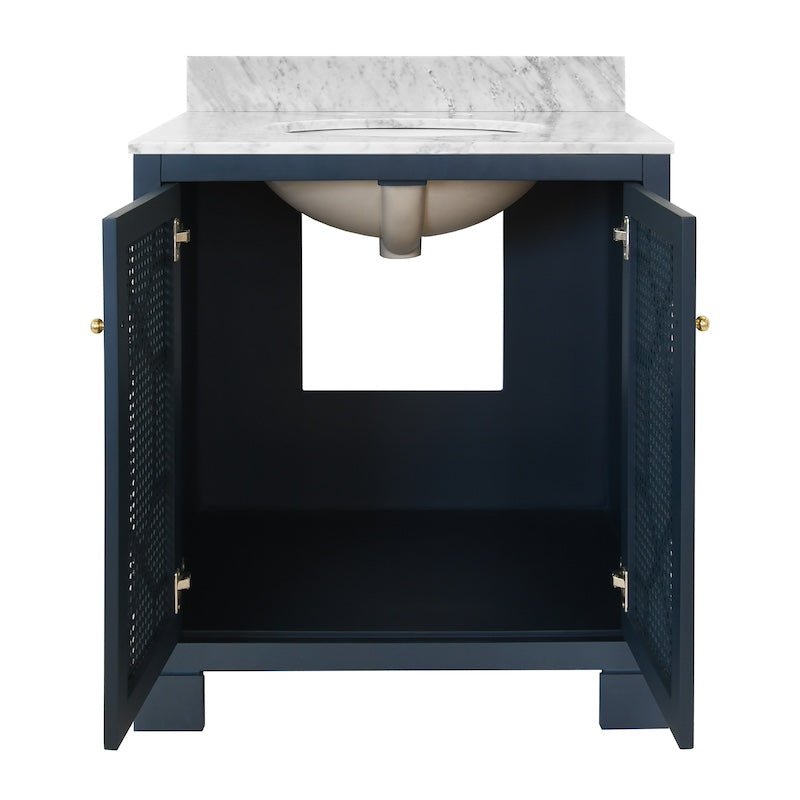 Vanity Open Doors - Schaffer Navy Blue Bath Vanity | Worlds Away Bathroom Vanities