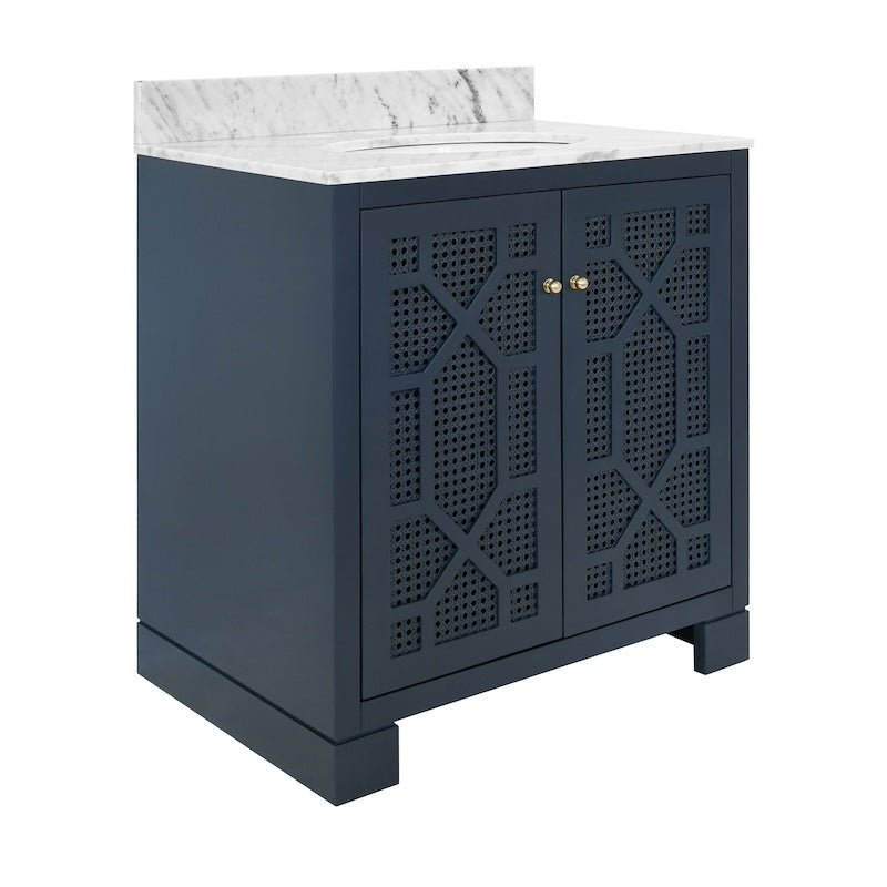 Vanity Angle View - Schaffer Navy Blue Bath Vanity | Worlds Away Bathroom Vanities