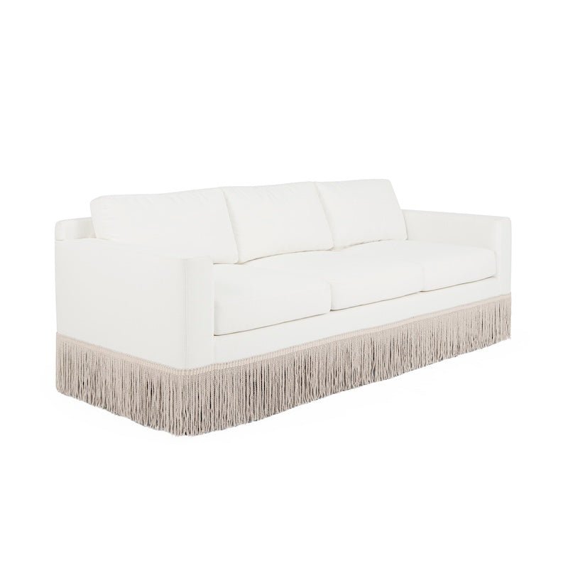 White Lawson Sofa Angle - Worlds Away Caroline Sofa with Performance Fabric and Bullion Fringe