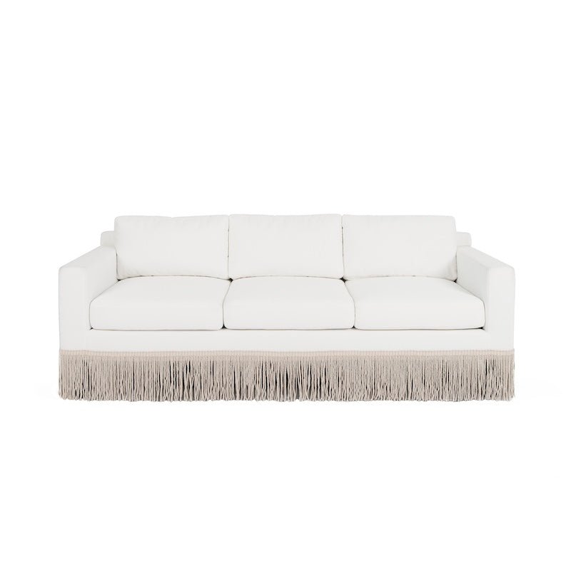 White Lawson Sofa Front - Worlds Away Caroline Sofa with Performance Fabric and Bullion Fringe