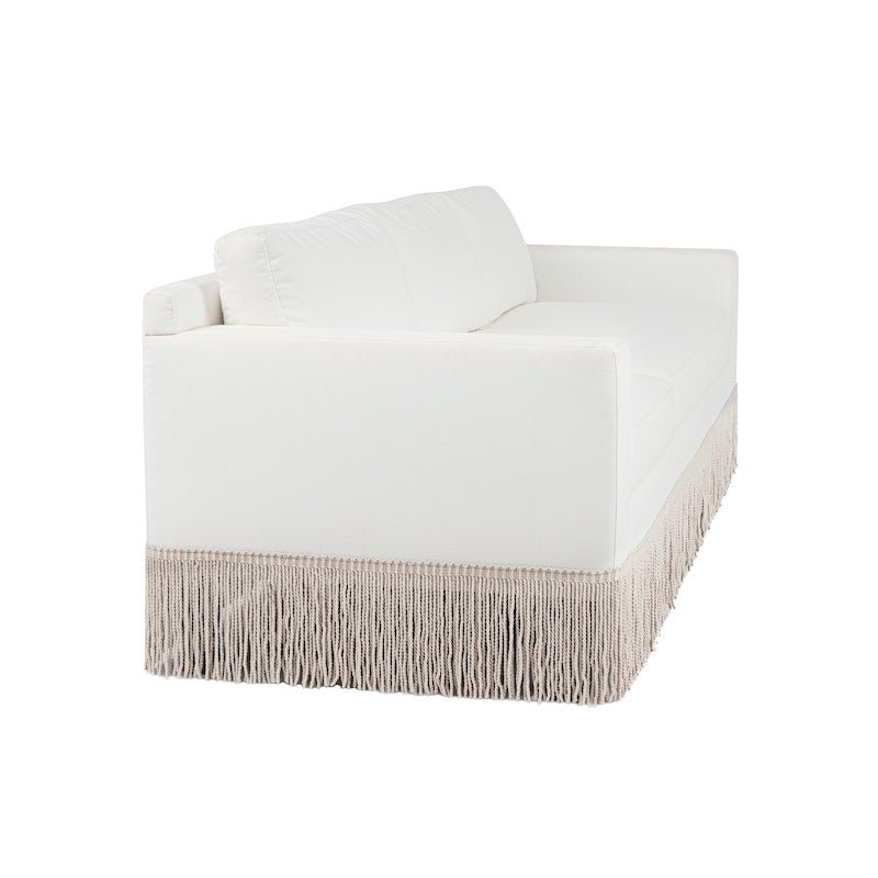 White Lawson Sofa Angle View - Worlds Away Caroline Sofa with Performance Fabric and Bullion Fringe