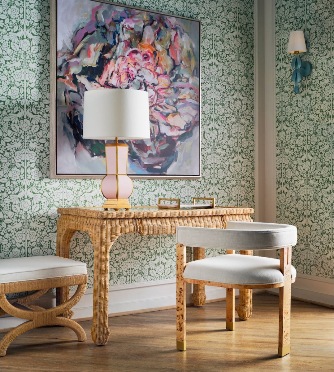 Worlds Away Verra Rattan Desk at Fig Linens and Home in Beautiful Room with Chair, Lamp, Wallpaper
