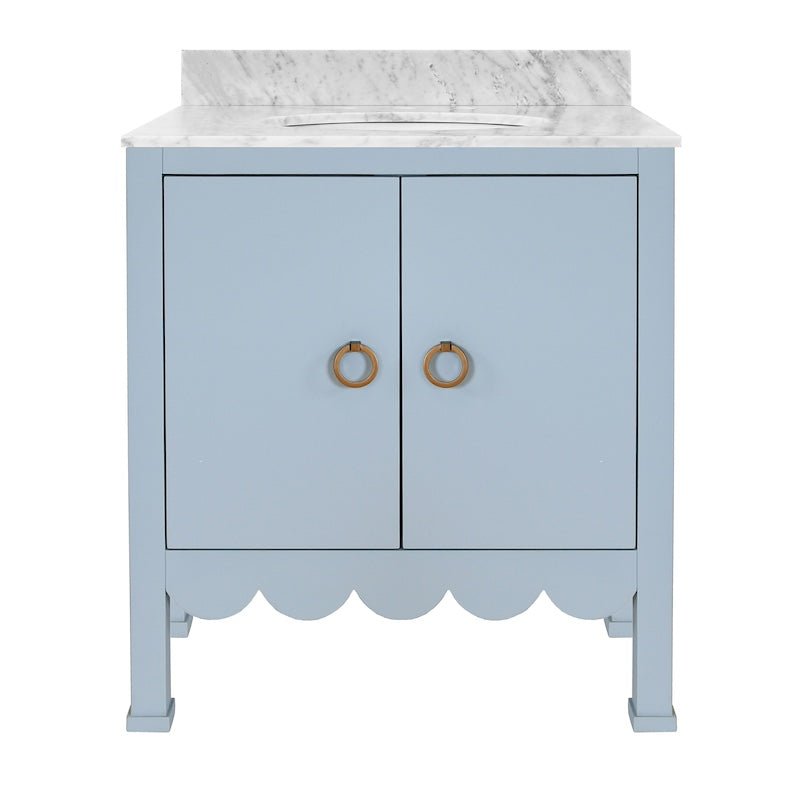 Bath Vanity - Worlds Away Kealey Light Blue Bathroom Cabinet - 2 Doors, Scallop Finish, Marble Top