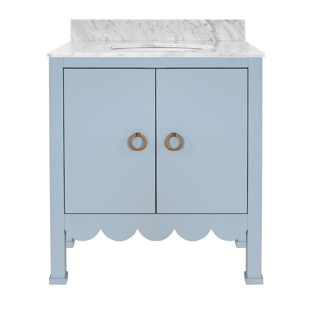 Bath Vanity - Worlds Away Kealey Light Blue Bathroom Cabinet - 2 Doors, Scallop Finish, Marble Top