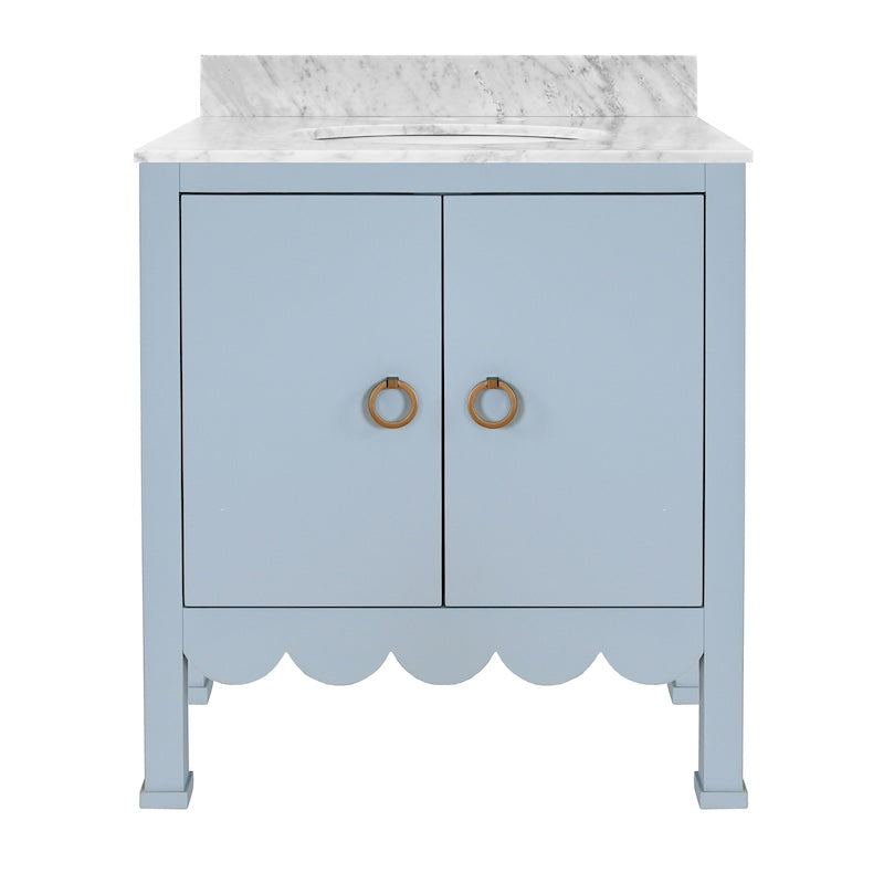 Bath Vanity - Worlds Away Kealey Light Blue Bathroom Cabinet - 2 Doors, Scallop Finish, Marble Top