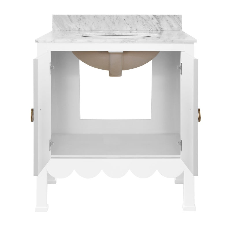 Bath Vanity with Doors Open - Kealey White Bathroom Cabinet | Worlds Away Vanities