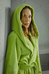 Abyss Habidecor Alex Bathrobe Shown on Woman Apple Green 165 Lifestyle Figlinensandhome 3