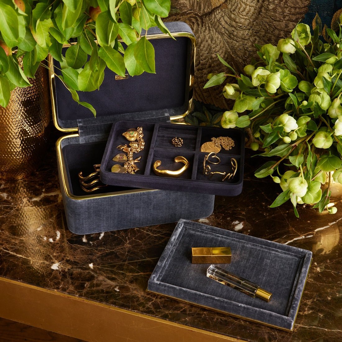 Beauvais Velvet Jewelry Box in Dusk Blue by AERIN - Lifestyle with Jewelry, top tray and separately sold vanity tray